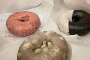 Close up of gourmet donuts in a box